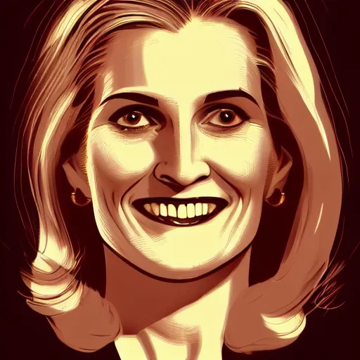 Image similar to smiling, happy, beautiful, intelligent, powerful helle thorning, loving eyes, fully clothed, wise, beautiful, dramatic lighting, sharp focus, art deco patterns by stanley artgerm, retro futurism, dramatic lighting, trending on artstation, flat colour, geometric curves, gradient filter