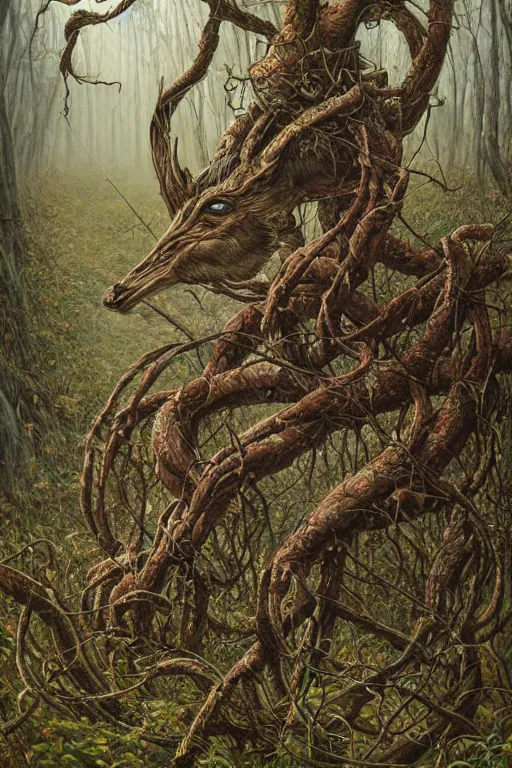 Image similar to deformed swamp deer twisted in vines and sludge by tomasz alen kopera.