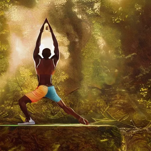 Prompt: lebron james doing yoga in the forest, made by stanley artgerm lau, wlop, rossdraws, artstation, cgsociety, concept art, cgsociety, octane render, trending on artstation, artstationhd, artstationhq, unreal engine, 4 k, 8 k