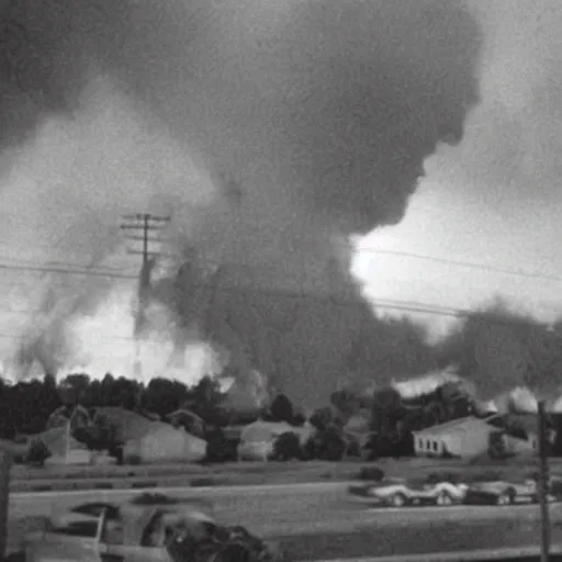 Image similar to 1 9 9 0 s newspaper photo of a burning suburban neighborhood with an explosion in the background.