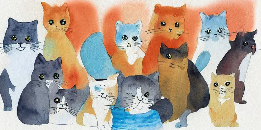 Prompt: watercolor illustration style, cute! cats!! training!