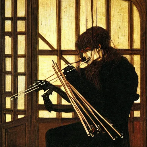 Prompt: portrait painting of a skeleton seated while playing violin, chiaroscuro, wooden interior walls, gothic and moody, Carlos Schwabe, Arnold Bocklin