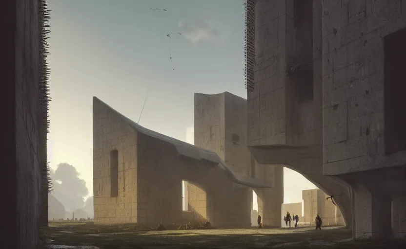 Image similar to exterior shot of utopian english brutalist medieval stronghold architecture with cinematic lighting by zaha hadid peter zumthor and renzo piano and, darek zabrocki and greg ruthkowski, simon stalenhag, cinematic, holy place, paradise, scifi, futurism, atmospheric, concept art, artstation, trending on artstation