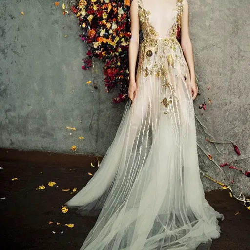 Image similar to a long wedding dress with a train made of flower petals made of light - colored fabric. transparent in places. in places, patterns of precious stones. intricate patterns of gold thin threads. fantasy. clear details