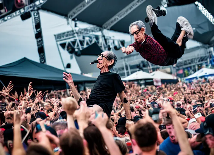 Prompt: photo still of richard belzer on stage at vans warped tour!!!!!!!! at age 3 3 years old 3 3 years of age!!!!!!!! stage diving into the crowd, 8 k, 8 5 mm f 1. 8, studio lighting, rim light, right side key light