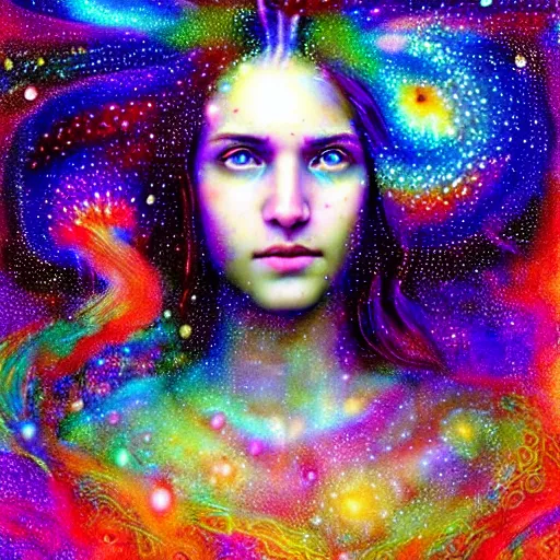 Image similar to girl finding spiritual freedom in psychedelic LSD rain with wet hair and face, morphing to stary complex spiral galaxy, fantasy, intricate, elegant, dramatic lighting, emotionally evoking symbolic metaphor, highly detailed, lifelike, photorealistic, digital painting, artstation, concept art, smooth, sharp focus, illustration, art by John Collier and Albert Aublet and Krenz Cushart and Artem Demura and Alphonse Mucha