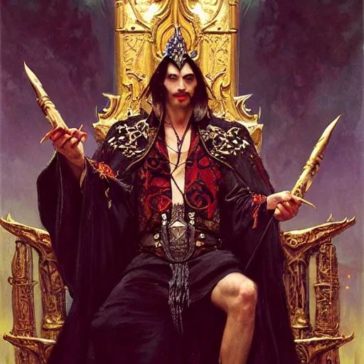 Image similar to perfectly centered portrait of attractive vampire king in a robe sitting on a throne of bones, highly detailed painting by gaston bussiere, craig mullins, j. c. leyendecker, 8 k