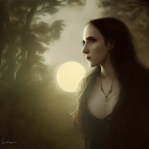 Image similar to Riveting Charismatic female vampire Pandora, portrait, atmospheric lighting, painted, intricate, Highgate cemetery, volumetric lighting, beautiful, moon light, sharp focus, ultra detailed, by Leesha Hannigan, Ross Tran, Thierry Doizon, Kai Carpenter, Ignacio Fernández Ríos