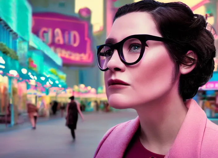 Prompt: cinematic mid shot of a high detail, woman's face looking off camera, with round glasses. fine facial features. she stands in an empty, pastel colourful 3 d, vegas street scene. there are people hiding, by jeffrey smart and gregory crewdson and edward hopper, inspired by the grand budapest hotel and edward scissorhands