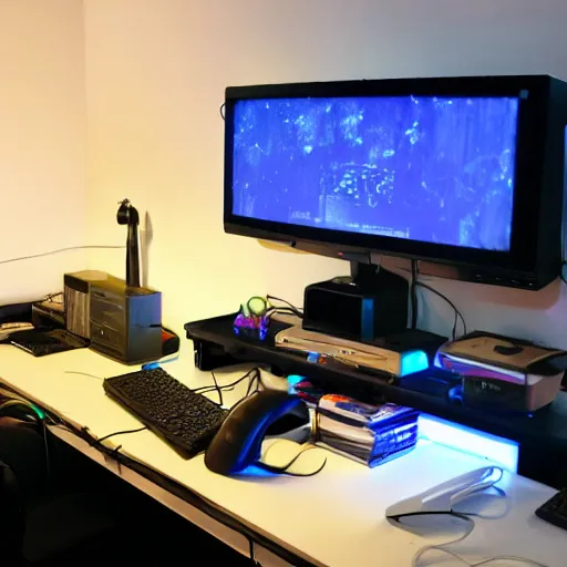 Prompt: desk with too many monitors, high tech, dark room, neon backlights, tower pc, cables glowing