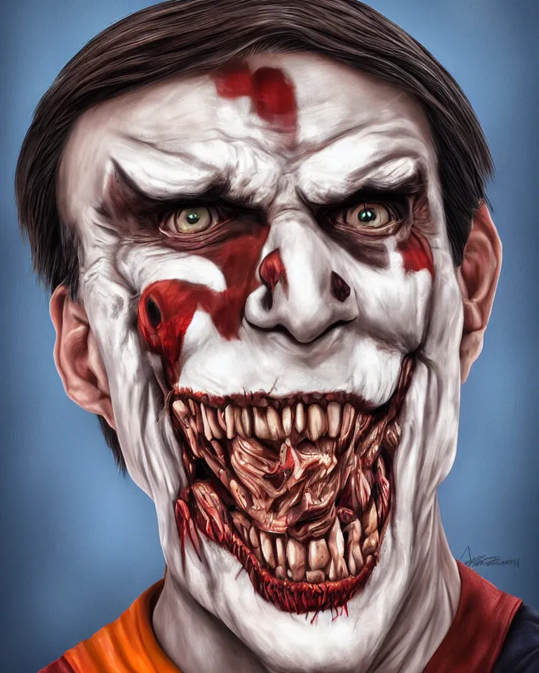 Image similar to a realistic digital painting portrait of bolsonaro as a zombie clown by artgerm