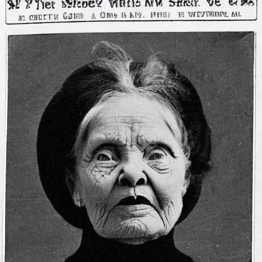 Image similar to black and white grainy newspaper photo from 1898 of an old scary lady in black suit