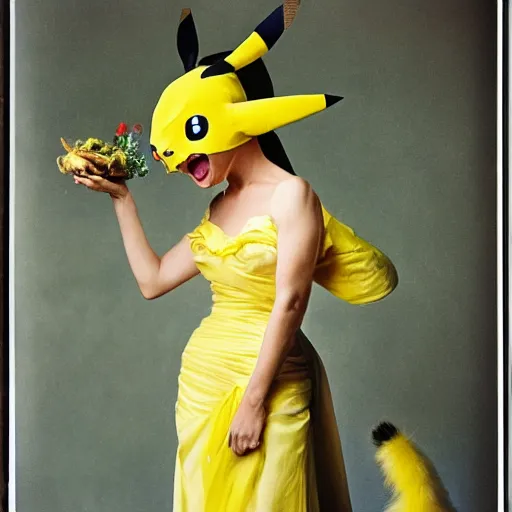 Image similar to elegant woman dressed up as pikachu, art photo by Annie Liebovitz and Alphonse Mucha