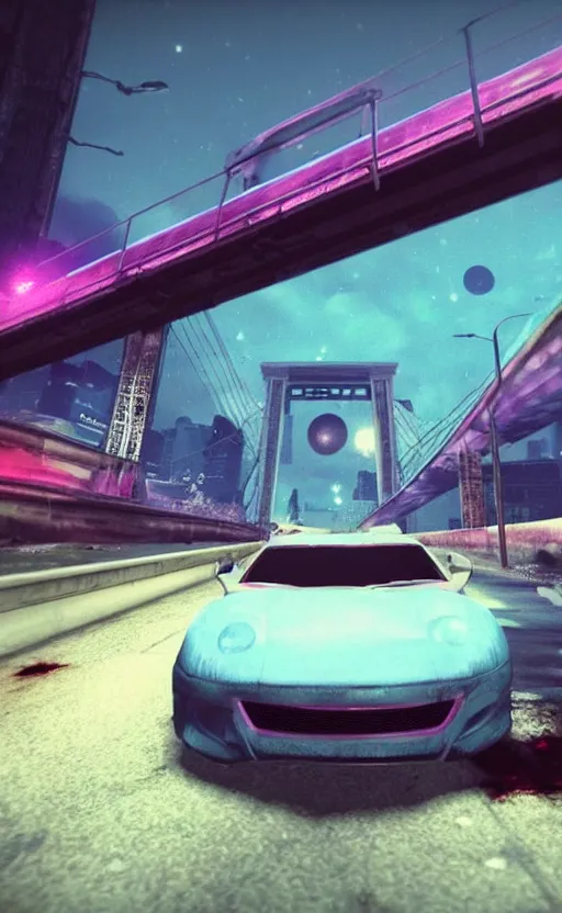 Prompt: pink or blue car on a bridge at midnight, full moon, SOMA game style, horror