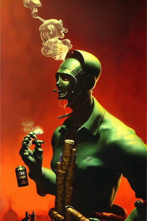 Image similar to An android smoking a cigar in a cyberpunk setting, by Frank Frazetta, dramatic lighting, 1980s colours, as trending on Artstation, highly detailed,