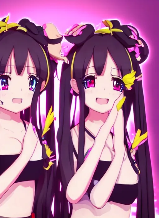 Image similar to two beautiful mature idols performing on stage, twintails, gorgeous faces, smooth, thick lines, cinematic lighting, detailed anime art