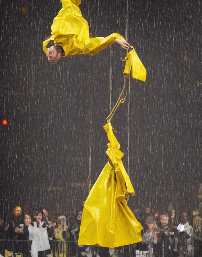 Image similar to yellow zara raincoat flying hanging mid - air on a rainy wet stage designed by james terrell
