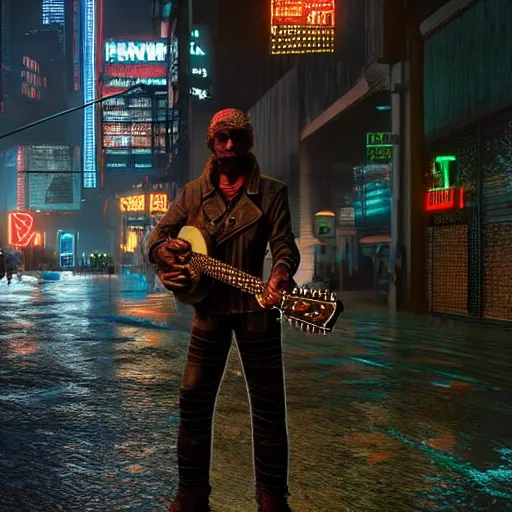 Image similar to portrait of a old nomad with guitar in cyberpunk city, rainy night, highly detailed, unreal engine 5