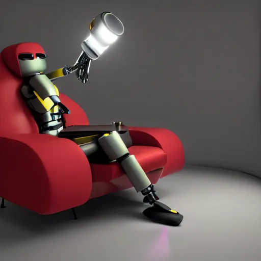 Image similar to futuristic studious matte yellow and red and chrome full-body humanoid robot with two huge round expressive sad purple glowing LED eyes and open rectangular mouth sitting on a large comfortable cushioned 1950s vintage recliner reading a newspaper. open newspaper. Cinematic Movie Photograph, Arri Alexa, Extremely Detailed, smooth, very very clean, 8K, octane render, maya render, unreal engine, trending on artstation, DSLR, excellent composition, center frame