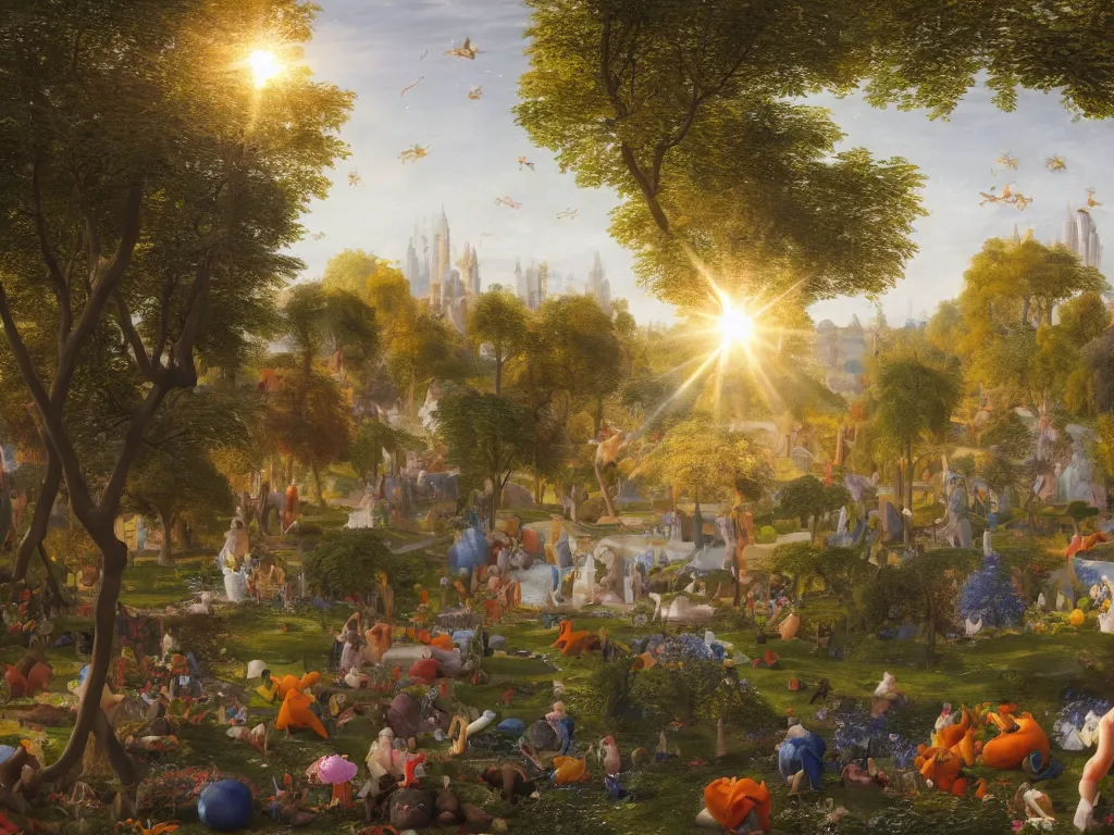 Image similar to 3 d render, sunlight study, the universe is a spheroid region 7 0 5 meters in diameter, art nouveau, by jan brueghel the younger and ( ( ( ( ( lisa frank ) ) ) ) ), 8 k, sharp focus, octane render