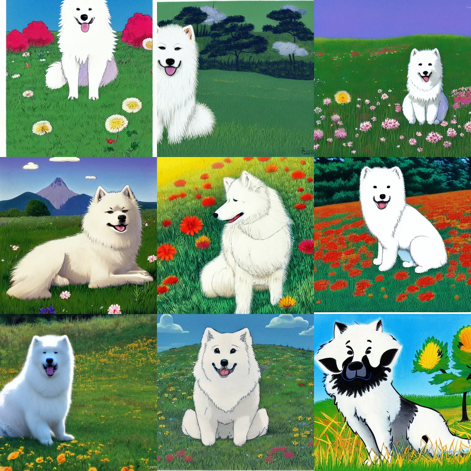 Prompt: a samoyed dog sitting in the middle of sunny meadow, by Rumiko Takahashi