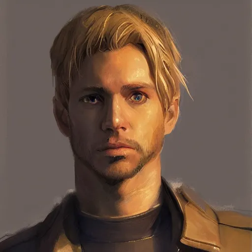 Image similar to portrait of a man by Greg Rutkowski, Cade Skywalker from Star Wars Expanded Universe, he is about 30 years old, manly, strong, messy blond hair, wearing a leather jacket, highly detailed portrait, digital painting, artstation, concept art, smooth, sharp foccus ilustration, Artstation HQ