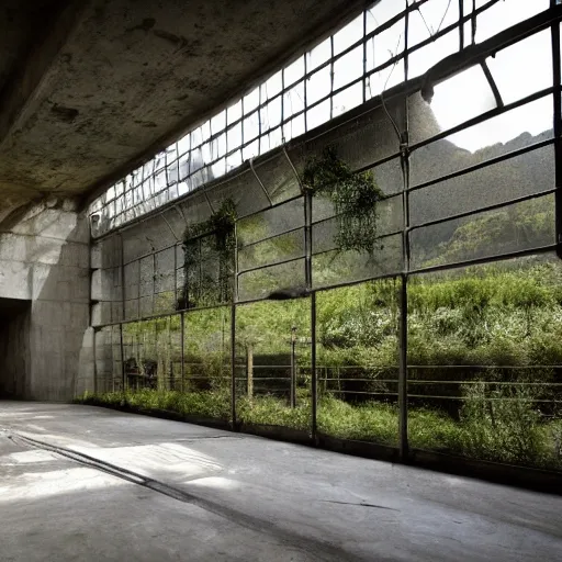 Prompt: interior of a brutalist concrete greenhouse in a lush meadow, surrounded by mountains, godrays, volumetric lighting