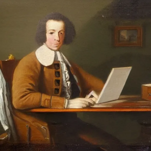 Image similar to 18th century painting of a man sitting at his desk, frustrated with his computer, oil painting, very detailed, 4k