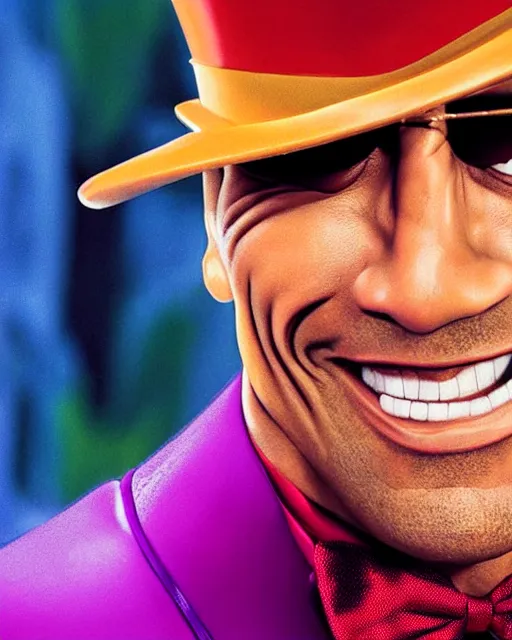 Image similar to Film still close-up shot of Dwayne Johnson as Willy Wonka from the movie Willy Wonka & The Chocolate Factory. Photographic, photography