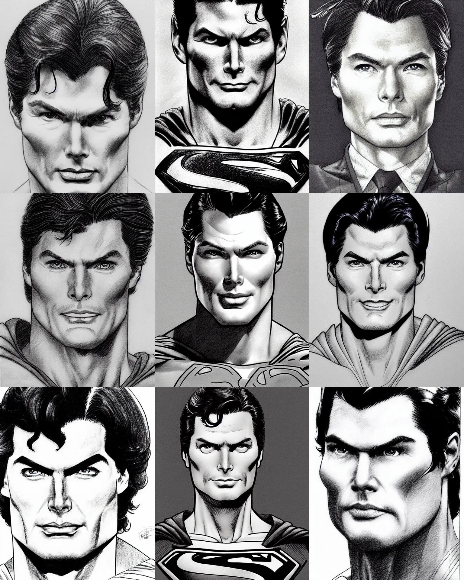 Prompt: jim lee!!! pencil sketch by jim lee close up headshot of christopher reeve!!! as superman in costume in the style of jim lee, x-men superhero comic book character by jim lee