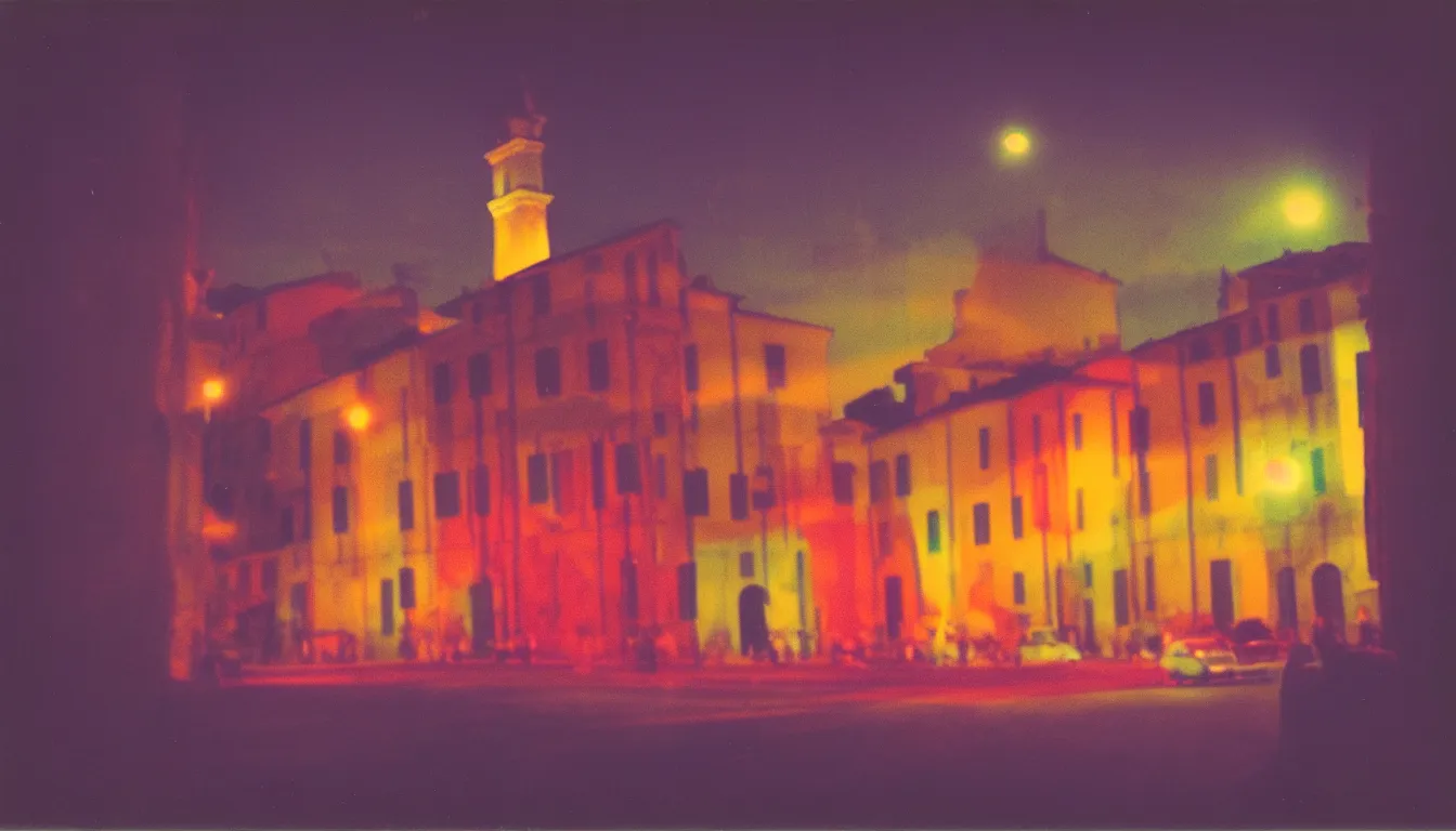 Image similar to colorful instant photograph of rome at night, polaroid, light leak, raw, nostalgic