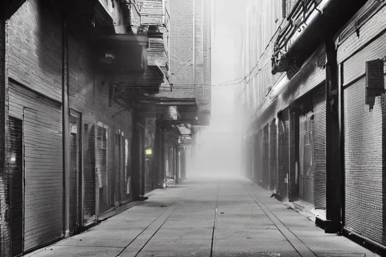 Prompt: Deep within a urban ghetto empty alley, past midnight misty weather, busy bustling downtown outside the alley. Realistic photo.