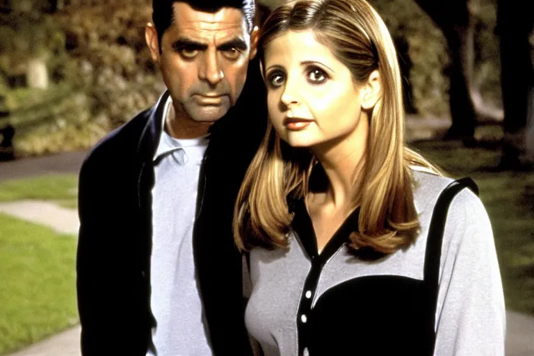 Prompt: sarah michelle gellar as buffy and cary grant as giles in buffy the vampire slayer