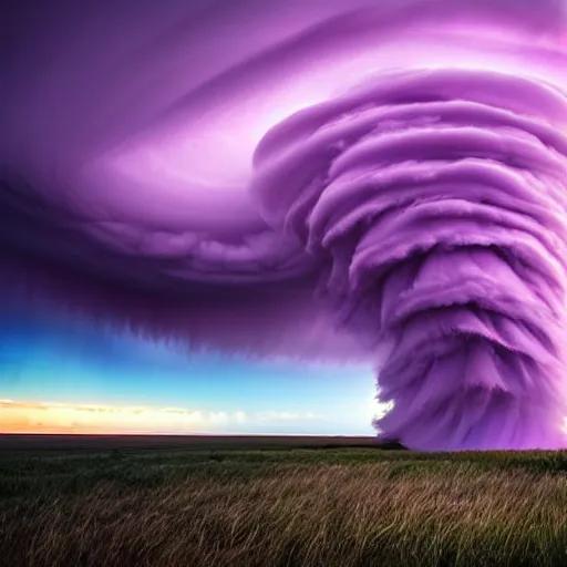 Image similar to amazing photo of purple clouds in the shape of a tornado by marc adamus, digital art, beautiful dramatic lighting