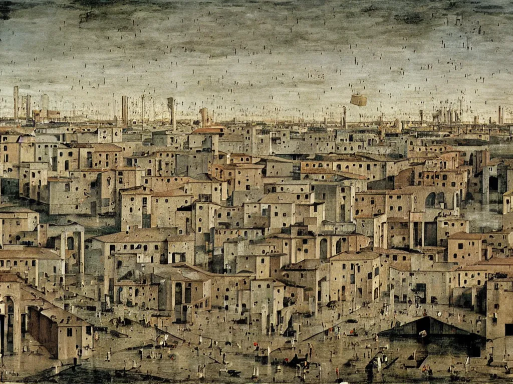 Prompt: Brutalist deserted absurd water city. Torrential rain. Painting by Bernardo Bellotto, Piero della Francesca