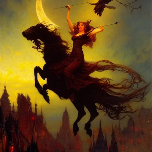 Image similar to witch flying, trough the night, fantasy, full moon in background. highly detailed painting by gaston bussiere, craig mullins, j. c. leyendecker 8 k