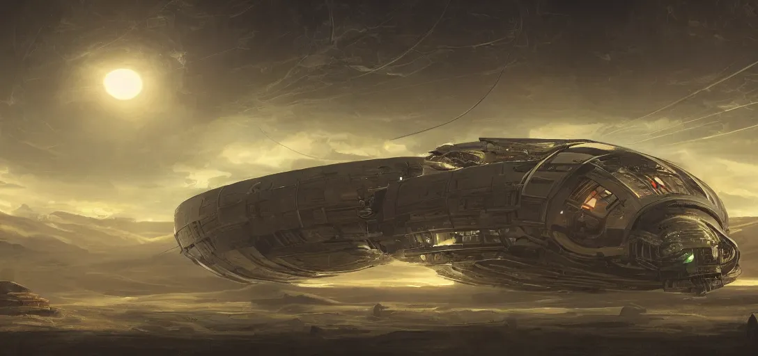 Image similar to realistic cinematic sci - fi mothership interior or exteror - machinery, tubes wires path matte painting masterpiece warm tones quiet