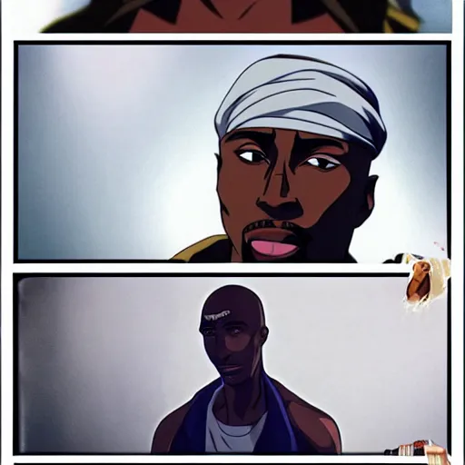 Image similar to Tupac Shakur, screenshot from a 2012s anime