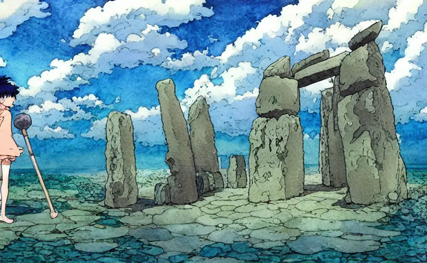 Prompt: a hyperrealist studio ghibli watercolor fantasy concept art. in the foreground is a grey giant lifting a stone. in the background is stonehenge. the scene is underwater on the sea floor. by rebecca guay, michael kaluta, charles vess