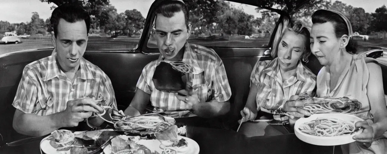 Prompt: 1 9 5 0 s couple eating spaghetti at a drive in movie, in the style of sugimoto, dian arbus,, kodachrome,