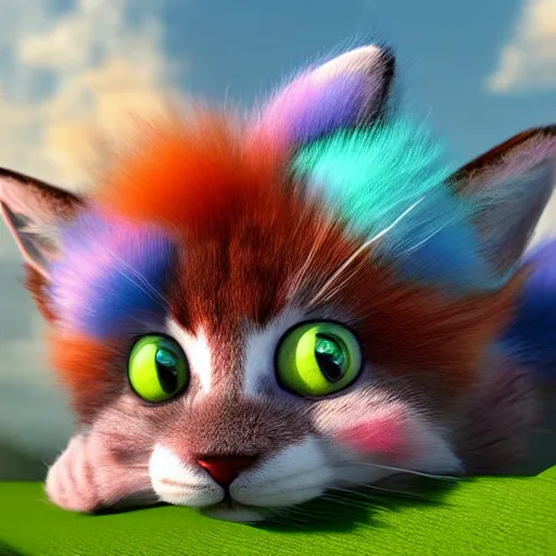 Image similar to cute colorful fuzzy alien cat creatures with long flowing detailed striped fur, detailed high quality 3 d render unreal engine in the style of maurice sendak, 4 k