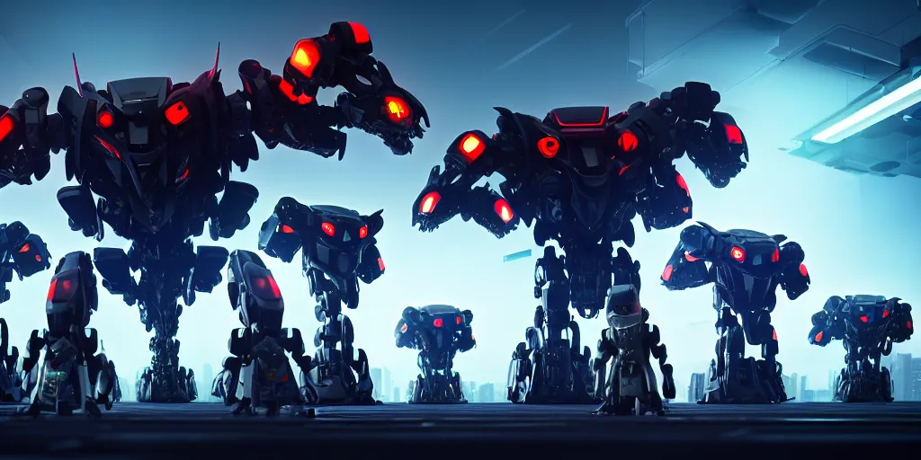 Image similar to an army of evil, malevolent, giant robot mechanical owls surrounded by computers and computer screens. this 4 k hd image is trending on artstation, featured on behance, well - rendered, extra crisp, features intricate detail and the style of unreal engine. volumetric lighting octane render