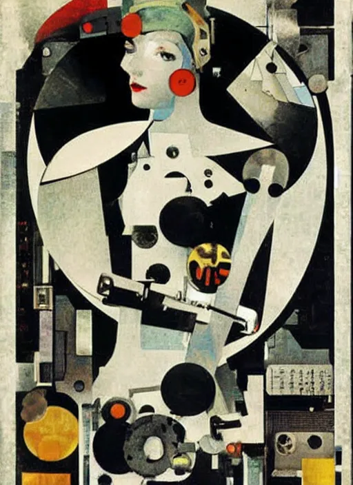 Image similar to cute punk goth fashion fractal mecha blonde girl wearing a television tube helmet and kimono made of circuits and leds, Techno surreal Dada collage by Man Ray Kurt Schwitters Hannah Höch Alphonse Mucha Beeple