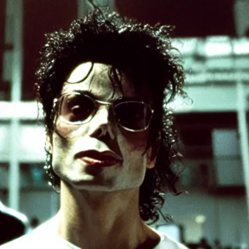Prompt: michael jackson as tylor durden in the movie fight club, photo, still frame, cinematic.