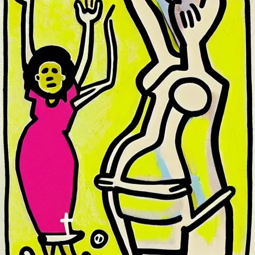 Image similar to a black woman, pregnant, by keith harring, intricate details, colorful