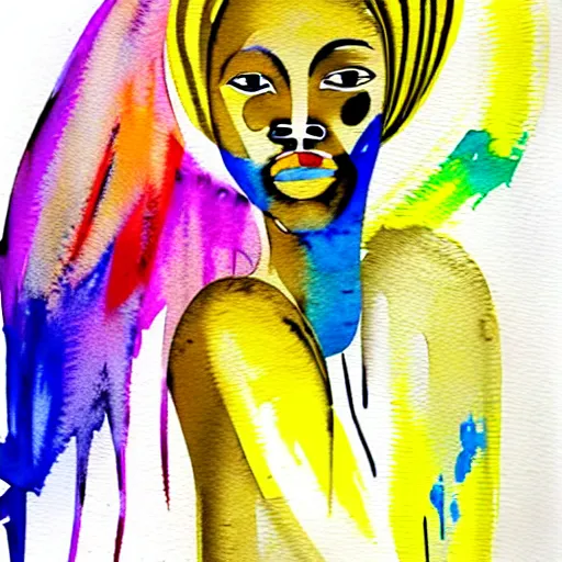 Prompt: a beautiful african woman runs towards her light yellow labrador, rough vibrant watercolor painting, bold large brushstrokes, thick oil paint, expressive, drips, spatters, and lively irregular edges, scribble fade