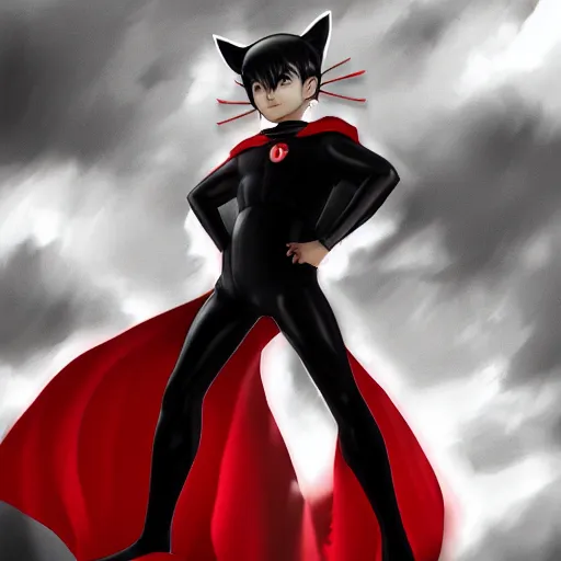 Prompt: little boy with cat ears in an black latex suit with red cape. digital artwork made by lois van baarle and kentaro miura, sharpness focus, inspired by hirohiko araki, anatomically correct, heroic composition, hero pose, mobile wallpaper