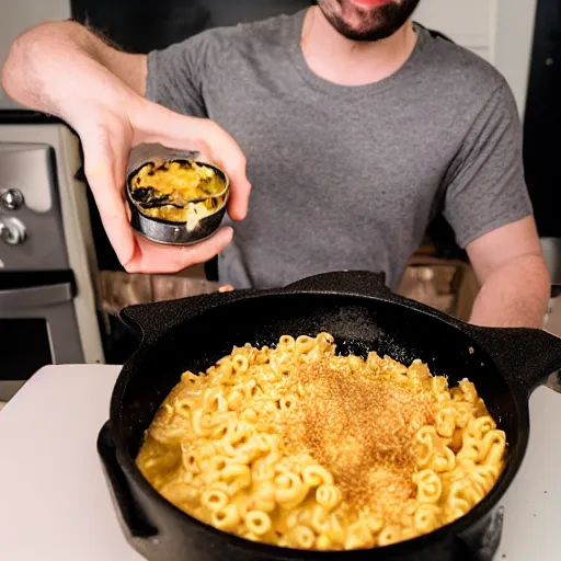 Image similar to top - heavy 2 0 year old with messy black hair and big beard cooks mac and cheese late at night, fish eye lens