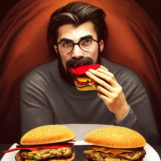 Image similar to portrait of a kosmo Kramer eating a hamburger, extra onions and ketchup, luscious patty with sesame seeds, masculine, handsome, D&D, fantasy, intricate, elegant, highly detailed, digital painting, artstation, concept art, matte, sharp focus, illustration, art by Artgerm and Greg Rutkowski and Alphonse Mucha