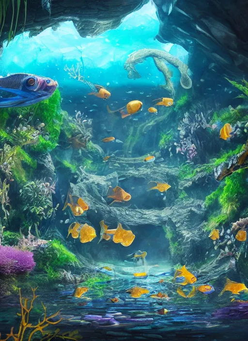 Image similar to people observing lots of beautiful fish in an underground aquarium corridor, in the style of turine tran, fantasy art, ray tracing, water droplets, highly detailed, artstation trend, highly detailed and intricate, sharp focus, photography, unreal engine 5